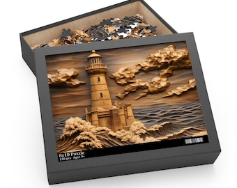 Lighthouse Wood Panel Effect Puzzle Carved Wood Style Costal Puzzle Wooden Style Seaside Jigsaw Puzzles 120/252/500 Lighthouse Gift Idea