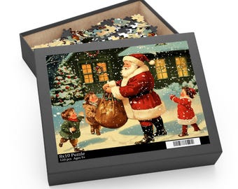 May include: A Christmas-themed puzzle in a gray box. The puzzle image depicts Santa Claus giving gifts to children in a snowy scene. The box reads "8x10 Puzzle" and "120 pcs Ages 9+".