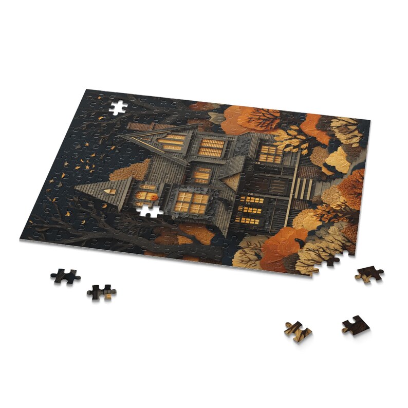 Haunted House Puzzle, Spooky Halloween Jigsaw, Paper Cut Style Spooky Season Fall Puzzle Gift, Fun October Autumn Puzzle for Family zdjęcie 6