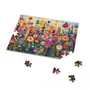 Floral Quilt Puzzle, Colorful Flower Patchwork Jigsaw, Boho Cottagecore Art Puzzle, Garden-Inspired Fabric Quilt Puzzle Gift, Abstract Art image 2