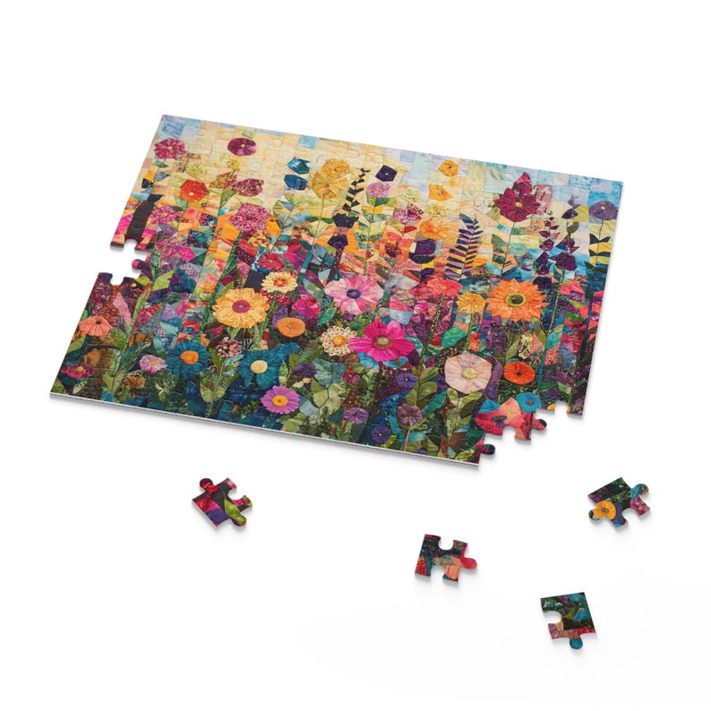 Floral Quilt Puzzle, Colorful Flower Patchwork Jigsaw, Boho Cottagecore Art Puzzle, Garden-Inspired Fabric Quilt Puzzle Gift, Abstract Art image 2