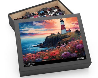 Lighthouse Puzzle, Beautiful Colorful Costal Lighthouse Art Jigsaw Puzzle, Flowers and Ocean Painting Puzzle, Pretty Seaside Maine Puzzle