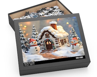 May include: A 120 piece 8x10 puzzle featuring a snowy winter scene with a gingerbread house, two snowmen, and a string of lights. The box is black with white text that reads "8x10 Puzzle 120 pcs Ages 9+"
