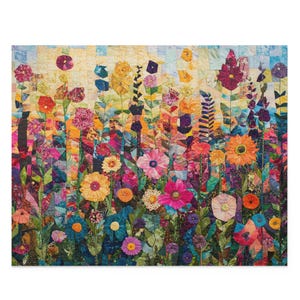Floral Quilt Puzzle, Colorful Flower Patchwork Jigsaw, Boho Cottagecore Art Puzzle, Garden-Inspired Fabric Quilt Puzzle Gift, Abstract Art image 9