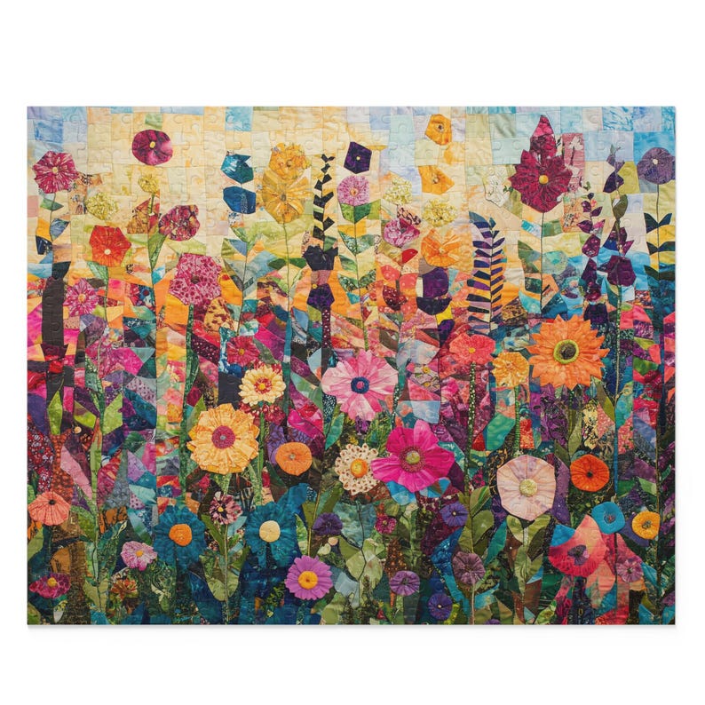 Floral Quilt Puzzle, Colorful Flower Patchwork Jigsaw, Boho Cottagecore Art Puzzle, Garden-Inspired Fabric Quilt Puzzle Gift, Abstract Art image 9