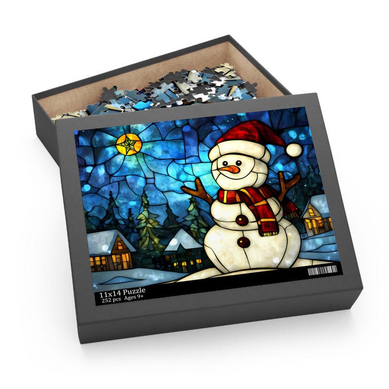 Stained Glass Christmas Puzzle, Snowman Puzzle, Christmas Village Jigsaw Puzzle 120/252/500 Pieces, Christmas Puzzle, Holiday Puzzle, Winter image 4