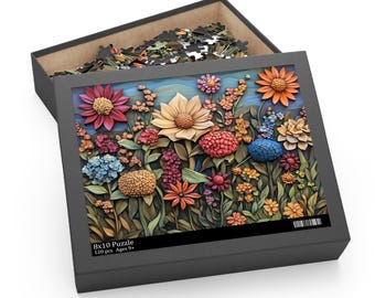 Floral Puzzle, Wood Carved Style Effect Flowers Puzzle, Decorative Nature Puzzle, Gift for Gardener, Plants Jigsaw, Unique Flower Puzzle
