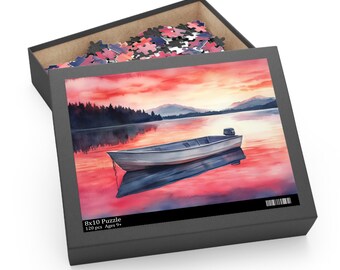 Boat Puzzle, Sunset Boat Art Puzzle, Fishing Boat on the Lake Jigsaw, Lake Life Wall Art Cabin Lake House Decor, Dad Gift, Cool Puzzles