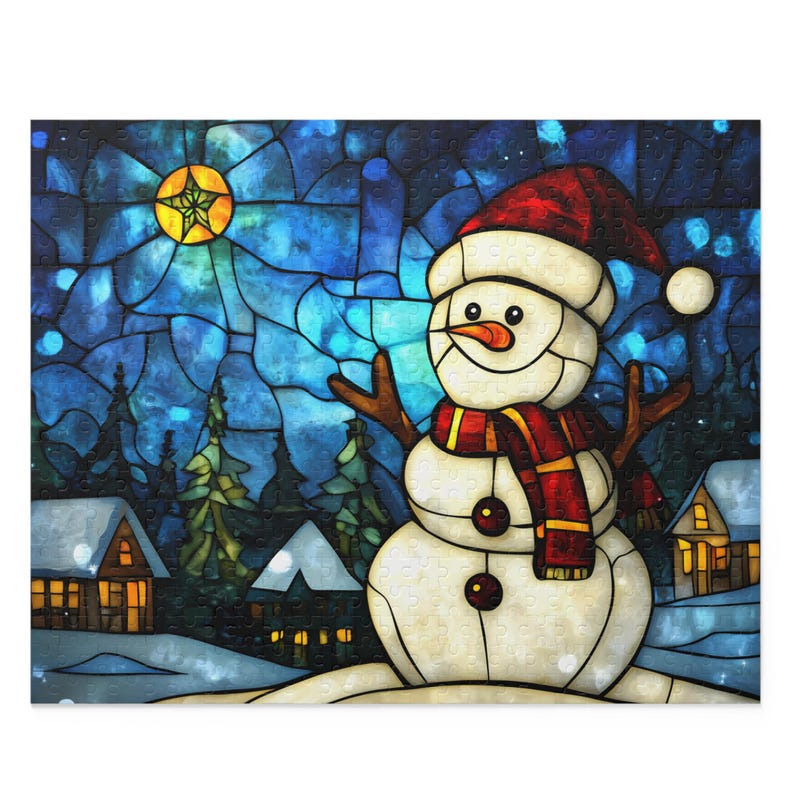 Stained Glass Christmas Puzzle, Snowman Puzzle, Christmas Village Jigsaw Puzzle 120/252/500 Pieces, Christmas Puzzle, Holiday Puzzle, Winter image 9