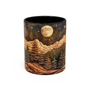 Mountain And Trees Mug Coffee Mug Wood Panel Effect Starry Night Tea Mug Carved Style Moon and Trees Wooden Style Mountain Tea Cup Pine Tree Bild 3