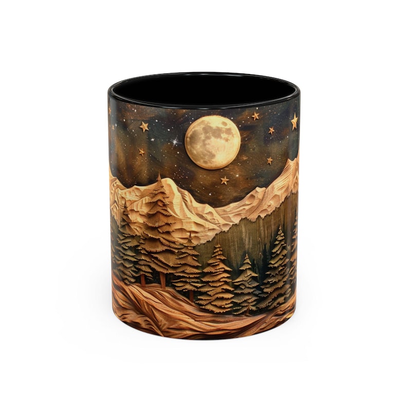 Mountain And Trees Mug Coffee Mug Wood Panel Effect Starry Night Tea Mug Carved Style Moon and Trees Wooden Style Mountain Tea Cup Pine Tree Bild 3