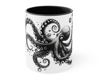 Octopus Mug, Black and White Boho Octopus Coffee Cup, Octopus Squid Ocean Creature Lover Gift for Him & Her, Japanese Style Kraken Mug 11oz