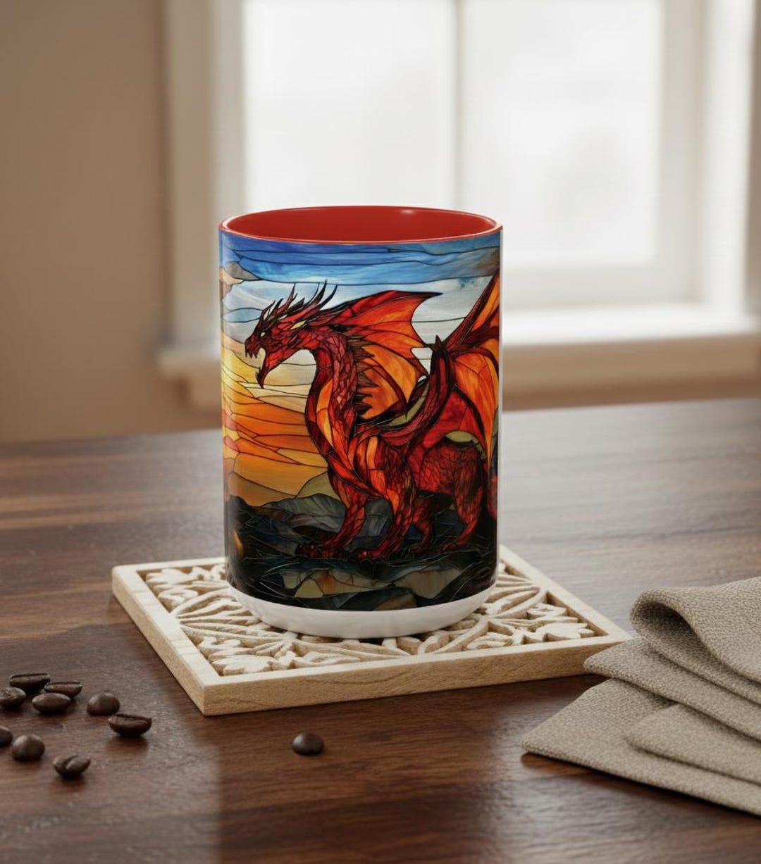 Red Dragon Stained Glass Style Art Coffee Mug, Epic Fantasy Art Ceramic ...
