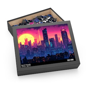 Synthwave City Puzzle, Cyber Art Vaporwave City Jigsaw, Retro Futuristic SciFi Puzzle, Gamer Gift, Midnight Sun Metropolis Super City Puzzle