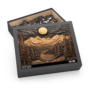 Mountain And Trees Puzzle Wood Panel Effect Puzzle Carved Wood Style Moon and Trees Puzzle Wooden Style Pine Tree Jigsaw Puzzle 120/252/500