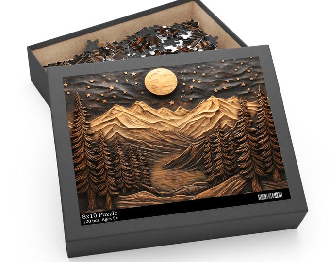 Mountain And Trees Puzzle Wood Panel Effect Puzzle Carved Wood Style Moon and Trees Puzzle Wooden Style Pine Tree Jigsaw Puzzle 120/252/500