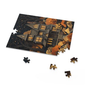 Haunted House Puzzle, Spooky Halloween Jigsaw, Paper Cut Style Spooky Season Fall Puzzle Gift, Fun October Autumn Puzzle for Family zdjęcie 3