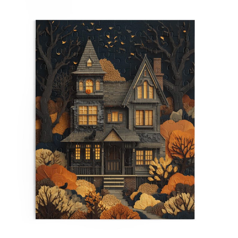 Haunted House Puzzle, Spooky Halloween Jigsaw, Paper Cut Style Spooky Season Fall Puzzle Gift, Fun October Autumn Puzzle for Family zdjęcie 4