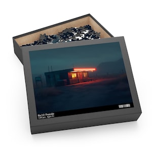 Dark Aesthetic Cyber Style Diner Puzzle, Futuristic Western Vaporwave Art, Neon Desert Night Scene Jigsaw, Retro Sci-Fi Puzzle for Adults