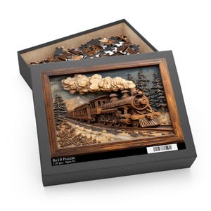 May include: A wooden-framed puzzle box featuring a detailed relief of a vintage steam train traveling through a forest. The box is open, revealing puzzle pieces. The text on the box reads "8x10 Puzzle 120 pcs Ages 9+".