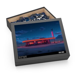Cyber Art Diner Jigsaw, Futuristic Western Vaporwave Art, Neon Desert Night Scene Puzzle, Retro Sci-Fi Puzzle for Adults, Aesthetic Decor