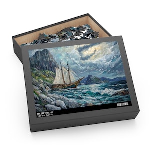 Ship Puzzle, Pirate Ship Along The Coast Jigsaw Puzzle, Ship Painting Art Puzzle, Maritime Nautical Ocean Gifts, Scenic Sailing Puzzle