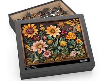 Flowers Puzzle, Wood Carved Style Effect Floral Jigsaw Puzzles 120/252/500 Flower Lover Gift Idea, Decorative Flower Puzzle, Nature Puzzle