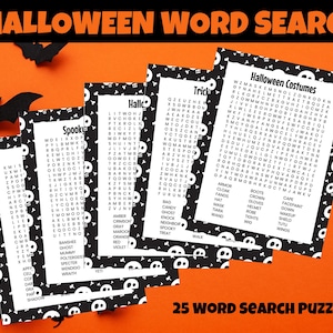 Puede incluir: Un conjunto de 25 rompecabezas de búsqueda de palabras con temática de Halloween impresos en papel blanco y negro con un patrón de calavera y huesos cruzados. Los rompecabezas presentan palabras relacionadas con los disfraces de Halloween, los personajes espeluznantes y las golosinas de Halloween.