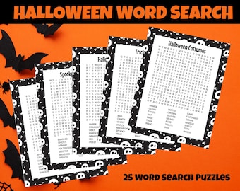 Può includere: Un set di 25 cruciverba a tema Halloween stampati su carta bianca e nera con un motivo di teschio e ossa incrociate. I cruciverba presentano parole relative ai costumi di Halloween, ai personaggi spettrali e alle leccornie di Halloween.