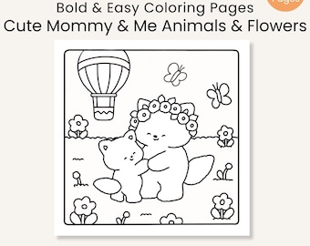 Bold Easy Coloring Pages for Kids | Mommy and Me Animals and Flowers | Cute Animal Coloring Book | Ages 4–8 Printable PDF