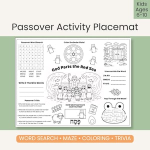 May include: Black and white Passover activity placemat for kids ages 6-10. Features a word search, coloring, trivia, and a maze. Includes the text "Passover Activity Placemat", "God Parts the Red Sea", and "WORD SEARCH • MAZE • COLORING • TRIVIA".