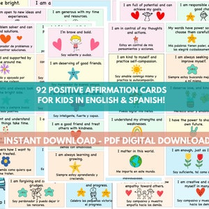 Affermazioni positive bilingue per bambini / Sviluppo dell'autostima per bambini / Stampabili colorati sulla salute mentale / Socio-emotivo