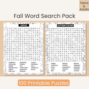 May include: A printable word search pack for teenagers and adults, featuring two puzzles with autumn themes. One puzzle focuses on apples, the other on autumn colours. Includes a list of words to find.