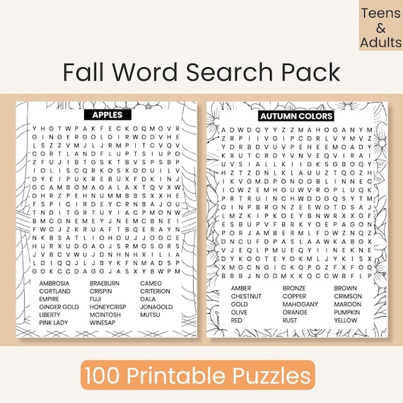 Fall Word Search Book for Adults, Large Print Autumn Puzzle Pack, 100 Word Searches, Relaxing Printable Activity for Teens and Adults