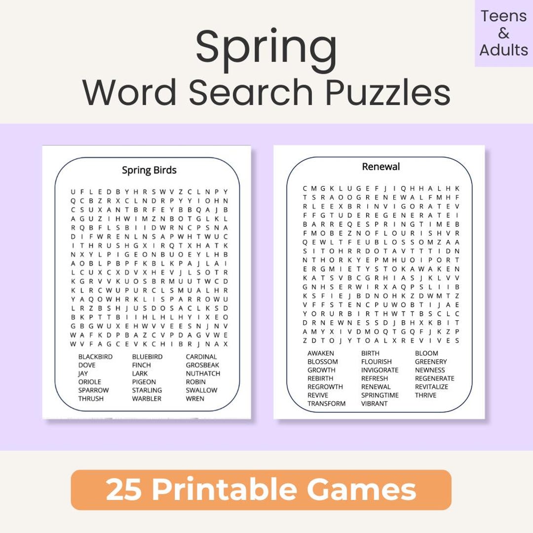Large Print Spring Word Search Puzzles, 25 Printable PDF, Easy Word