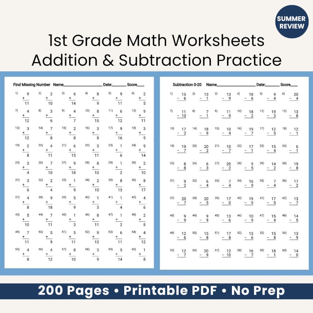 1st Grade Math Worksheets Addition & Subtraction | 200 Pages Printable ...