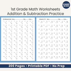 May include: A printable PDF worksheet for 1st grade math practice. The worksheet includes addition and subtraction problems, with space for the student's name, date, and score. The text "Summer Review" is in a blue circle.