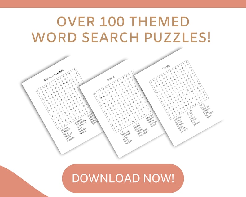 May include: Three black and white word search puzzles with different themes: Disaster Preparation, Arizona, and The Sky. Each puzzle has a grid of letters with words hidden within. The puzzles are on a white background.