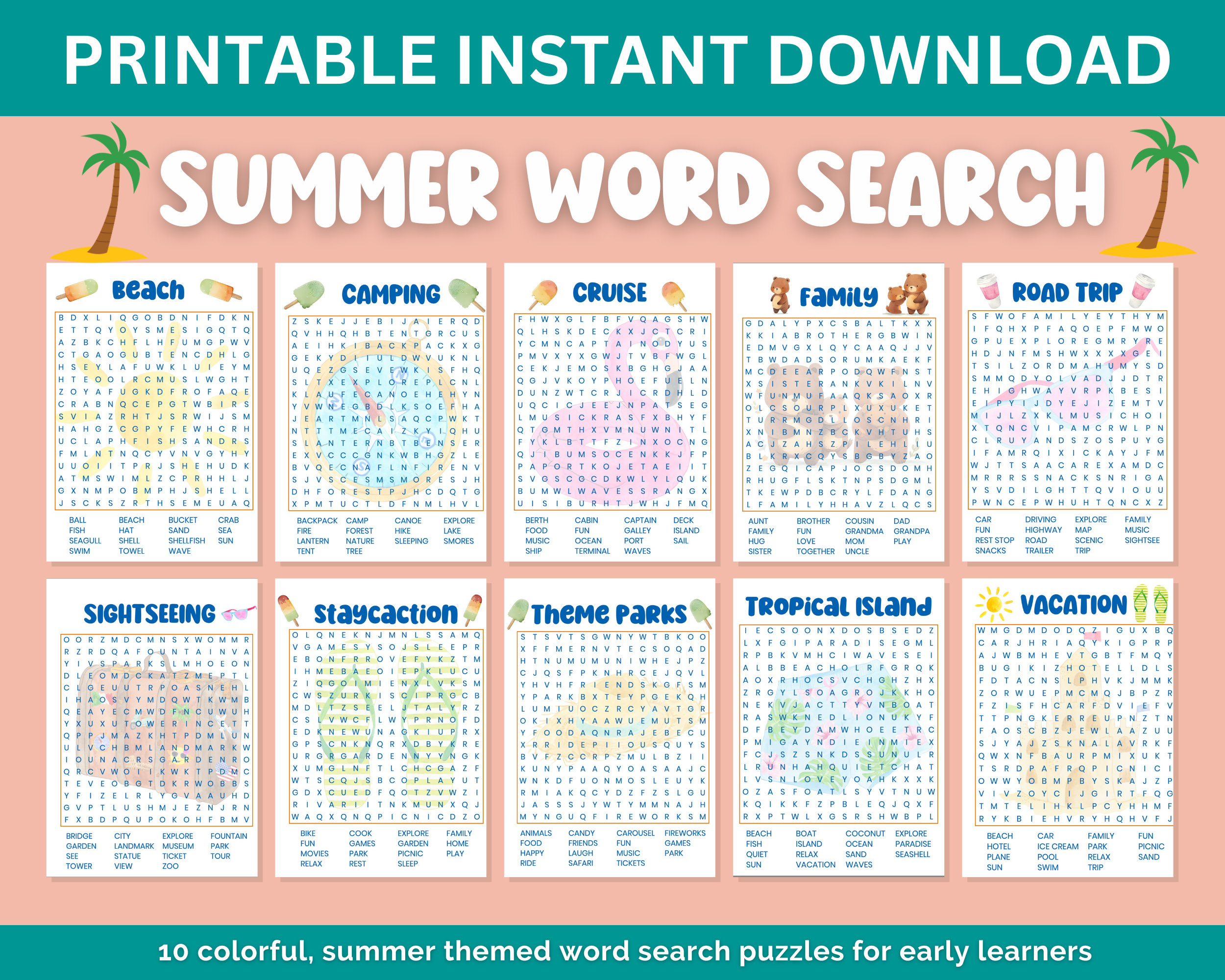 Summer Word Search Printable, Large Print Word Search, Summer Activities for Kids, Homeschool ...