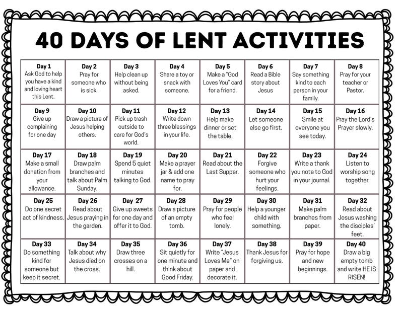 Lent Activities for Kids Printable, 40 Days of Lent Christian Countdown ...
