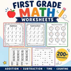 Puede incluir: Un conjunto de hojas de trabajo educativas y coloridas para matemáticas de primer grado. La imagen presenta hojas de trabajo para la suma, la resta, la hora y el conteo, con una manzana y un lápiz. Incluye más de 200 hojas de trabajo.
