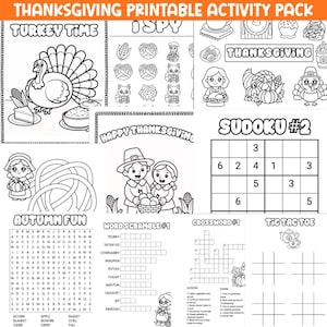 Könnte beinhalten: Ein schwarz-weißes Thanksgiving-Aktivitätspaket zum Ausdrucken mit verschiedenen Spielen und Rätseln. Enthält einen Truthahn, I Spy, Sudoku, Wortsalat, Kreuzworträtsel und Tic-Tac-Toe. Mit dem Text "Thanksgiving Printable Activity Pack".
