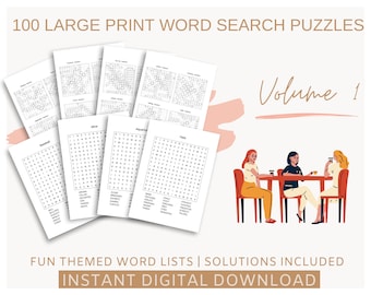 Large Print Word Search for Adults, 100 Easy & Relaxing Puzzles, Printable PDF, Senior Activity, Brain Games, Word Find Pack