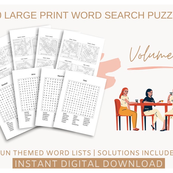 100 Large Print Word Search Puzzles for Seniors and Adults, Brain Health Activities, Printable Instant Download