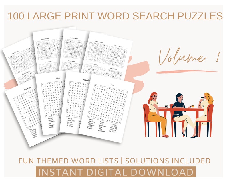 May include: A set of 100 large print word search puzzles, with a volume 1 label. The puzzles are themed and have solutions included. The image also shows a digital download label.