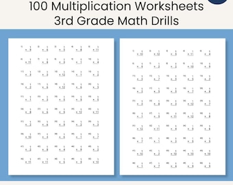 May include: Two white worksheets with multiplication problems for 3rd grade math drills. The text at the top reads "100 Multiplication Worksheets 3rd Grade Math Drills". The bottom text reads "200 PAGES • NO PREP • INSTANT DOWNLOAD".