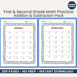 May include: A black and white worksheet pack for first and second grade math practice. The worksheets include addition and subtraction problems. The text on the image says "Summer Review" and "200 Pages • No Prep • Instant Download."
