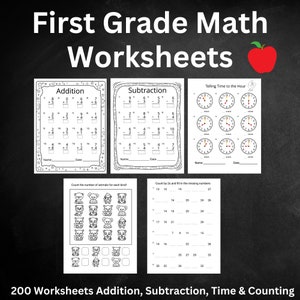 Puede incluir: Hojas de trabajo imprimibles en blanco y negro para matemáticas de primer grado. Las hojas de trabajo incluyen suma, resta, decir la hora y contar de dos en dos. Las hojas de trabajo están diseñadas para ayudar a los niños a aprender habilidades matemáticas básicas.