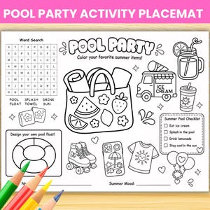 Könnte beinhalten: Schwarz-weiß Poolparty-Aktivitäts-Platzset mit Illustrationen von Sommerartikeln wie einer Strandtasche, einem Eiswagen und Rollschuhen. Enthält ein Wortsuchrätsel, eine Checkliste und Platz zum Gestalten.