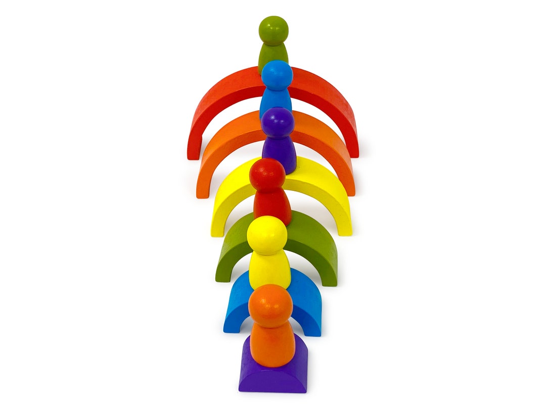 Arch Building Blocks RAINBOW Hand Painted Wooden Montessori PEG DOLLS Beautiful Coloured ...